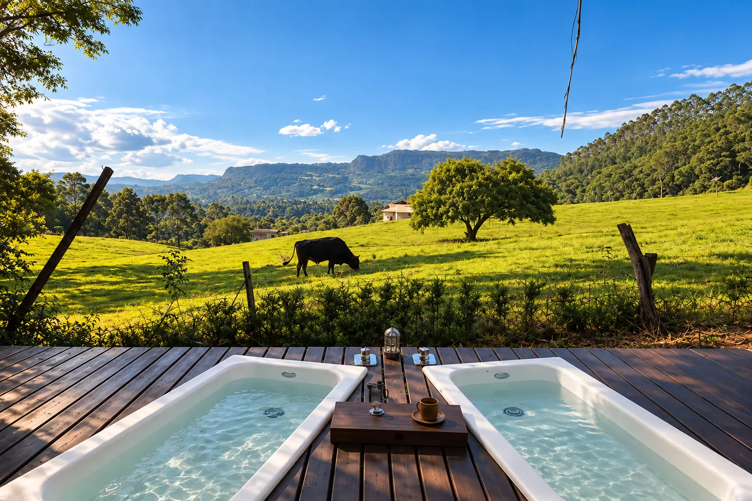 Banheiras ao ar livre no deck, com vista para o campo e as montanhas ao fundo