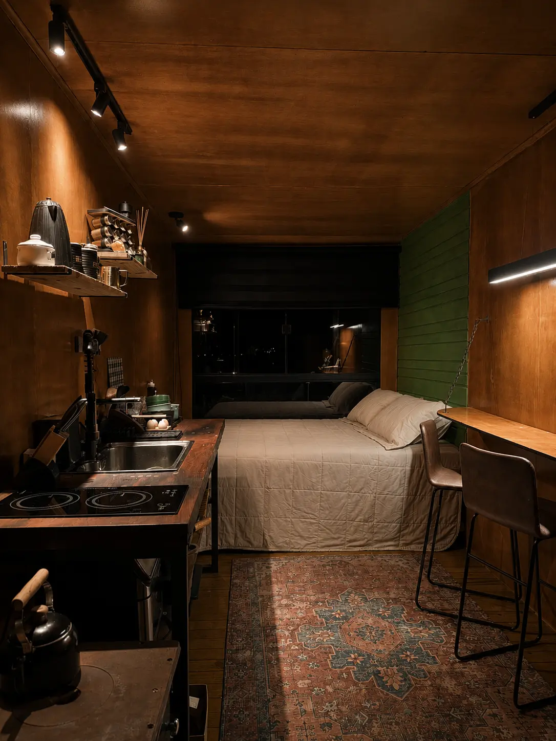 Interior da cabana à noite, com cozinha equipada e cama de casal