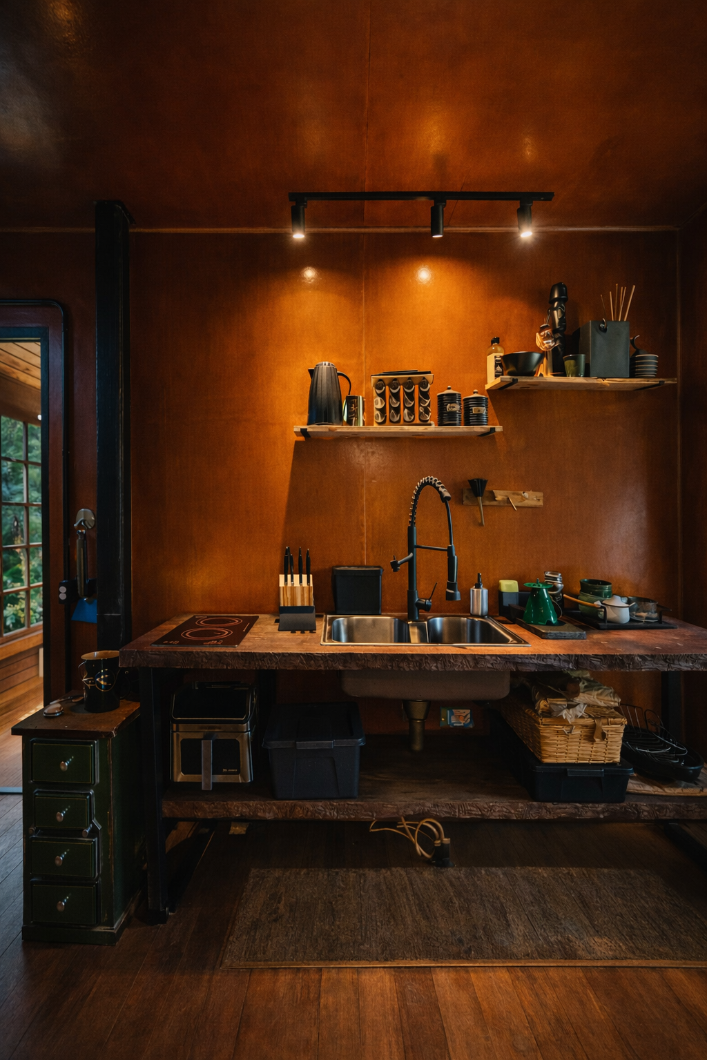 Cozinha da cabana sob luz quente, com bancada rústica e utensílios