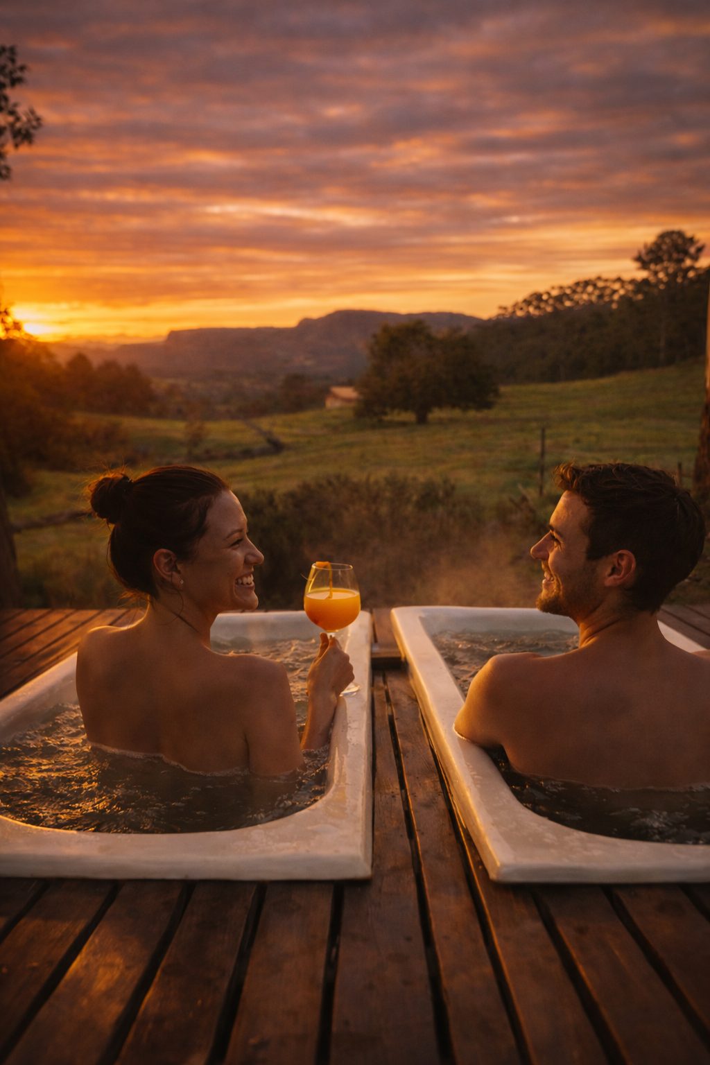 Casal brindando nas banheiras aquecidas ao ar livre durante o pôr do sol no Bela Aliança Glamping