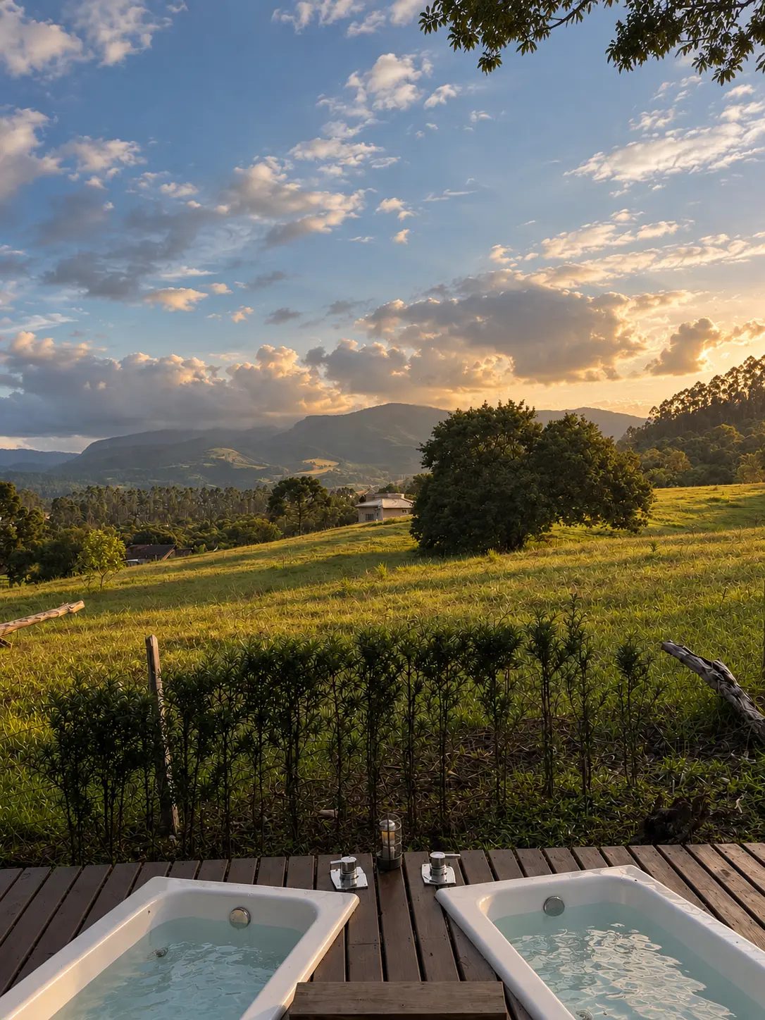Duas banheiras aquecidas no deck com vista para o vale e as montanhas
