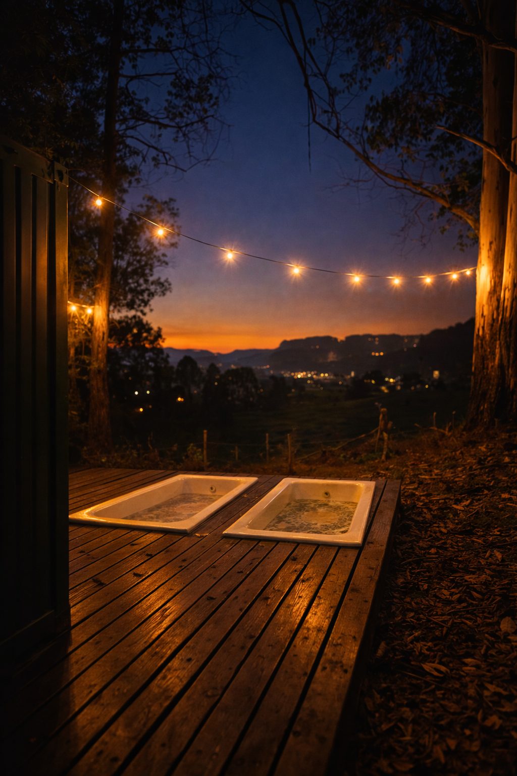Banheiras ao ar livre sob luzes no entardecer, com vista para o vale
