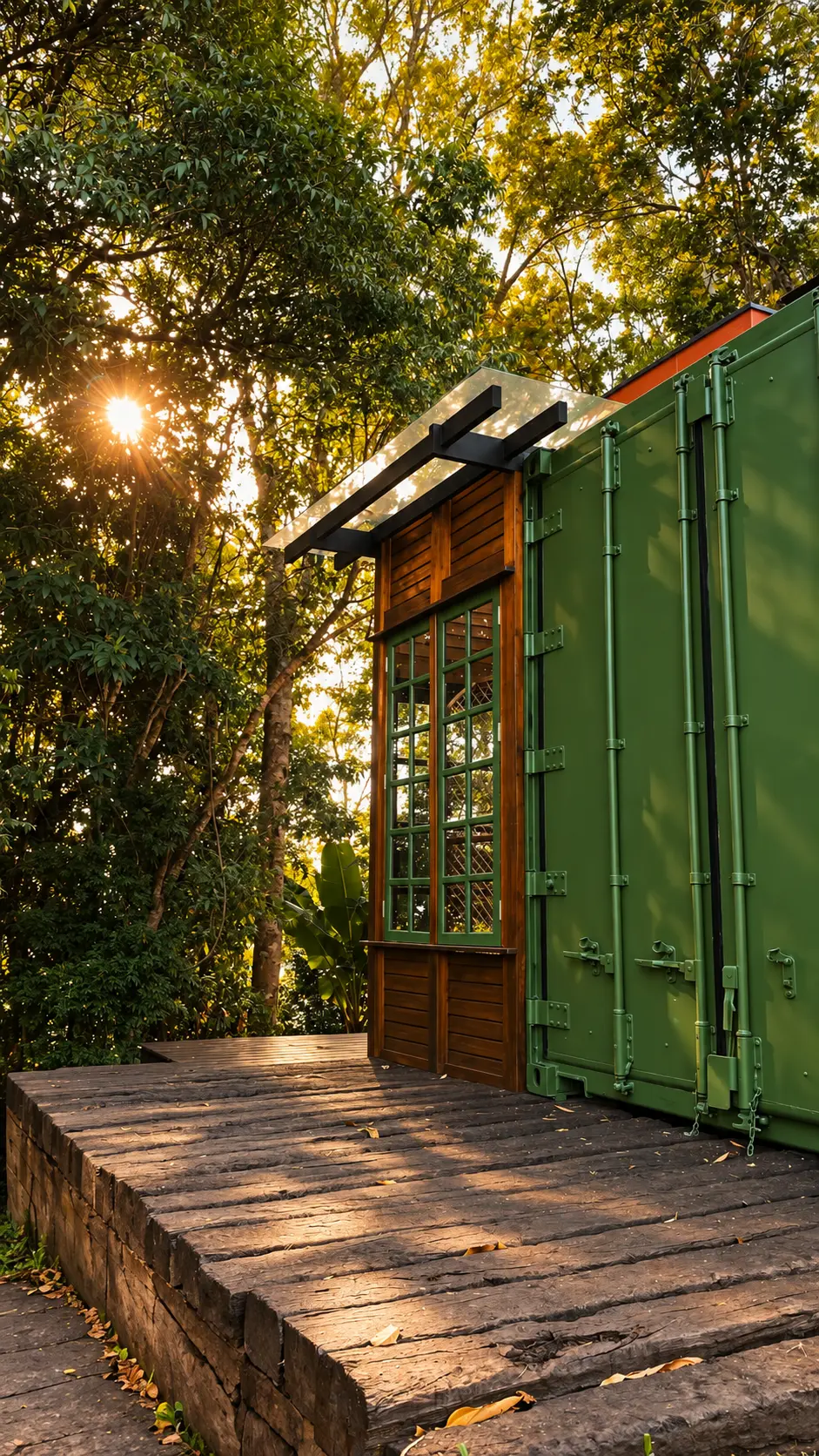 Cabana container vista de lado entre as árvores ao entardecer