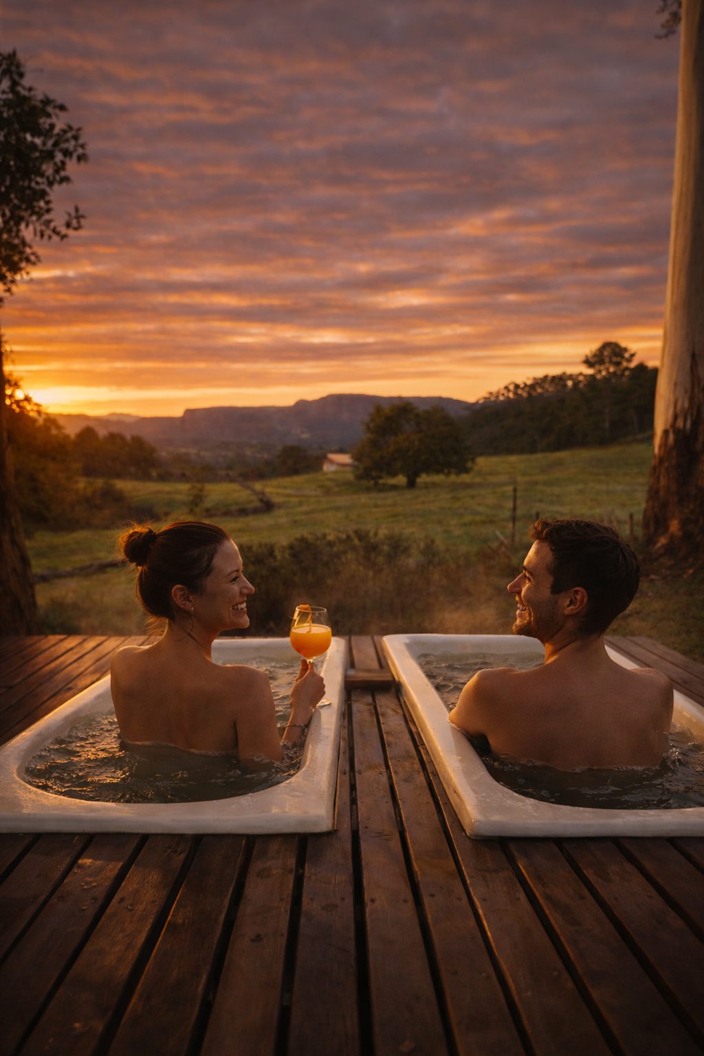 Momento a dois nas banheiras ao pôr do sol, com vista para as montanhas