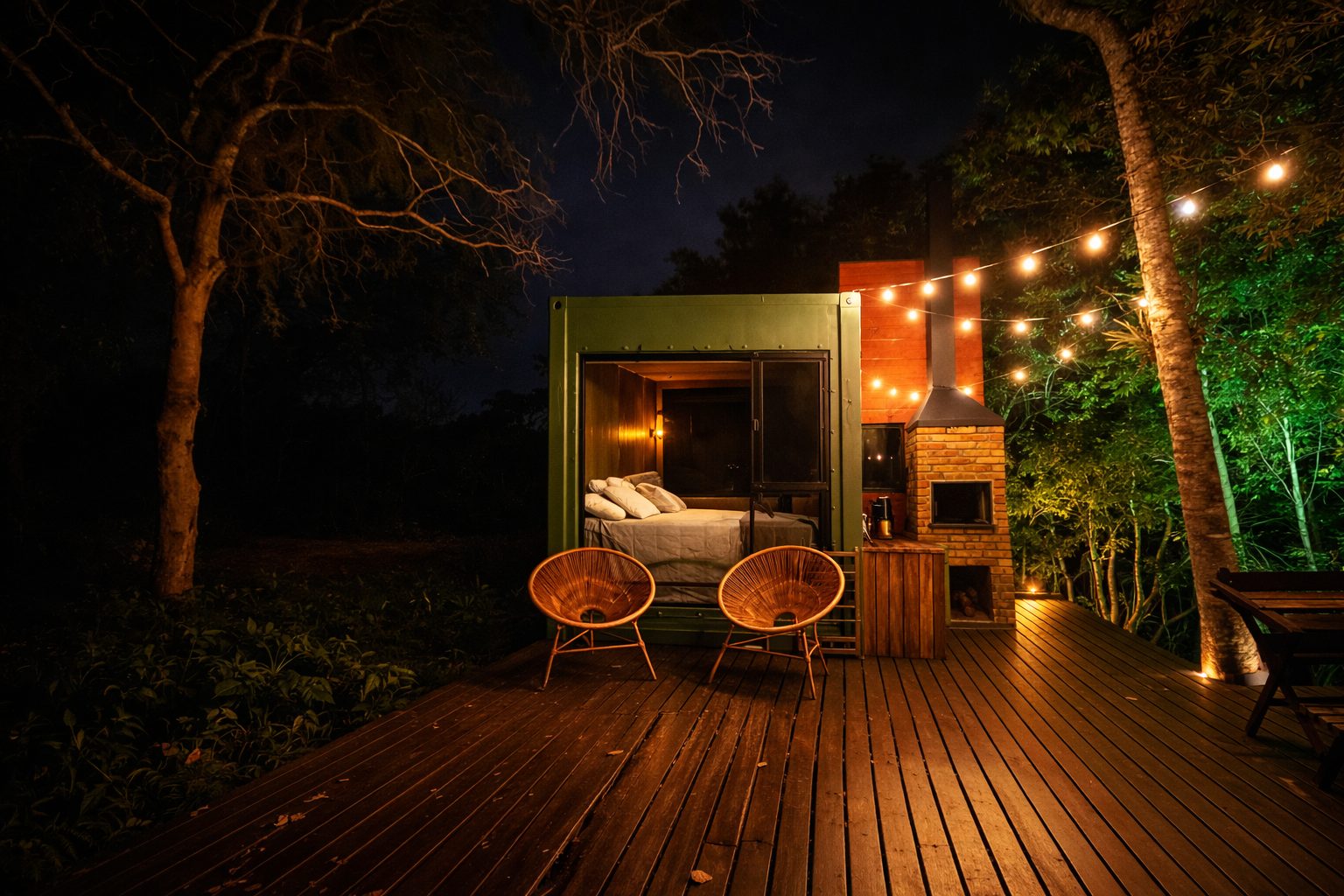 Cabana container do Bela Aliança Glamping à noite, com lareira acesa e luzes no deck