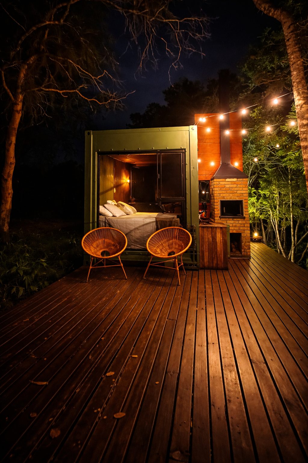 Cabana iluminada à noite com poltronas no deck e céu estrelado