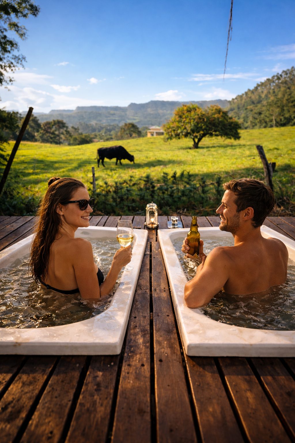 Casal aproveitando as banheiras exteriores em um dia de sol no campo