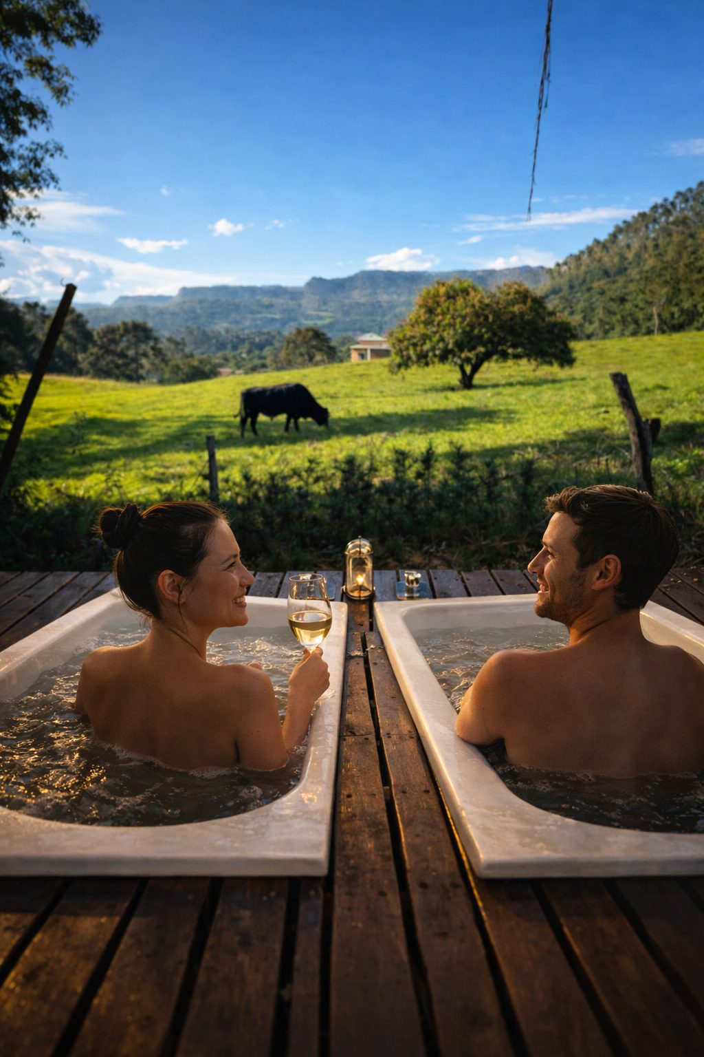 Casal aproveitando as banheiras aquecidas ao ar livre com vista para o campo e as montanhas
